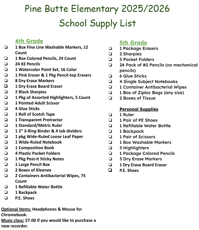 PBES School Supply List 25-26