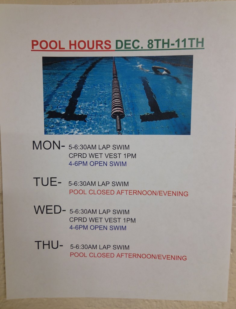 POOL CLOSED DEC 9TH & 11TH AFTERNOON FOR BASKETBALL