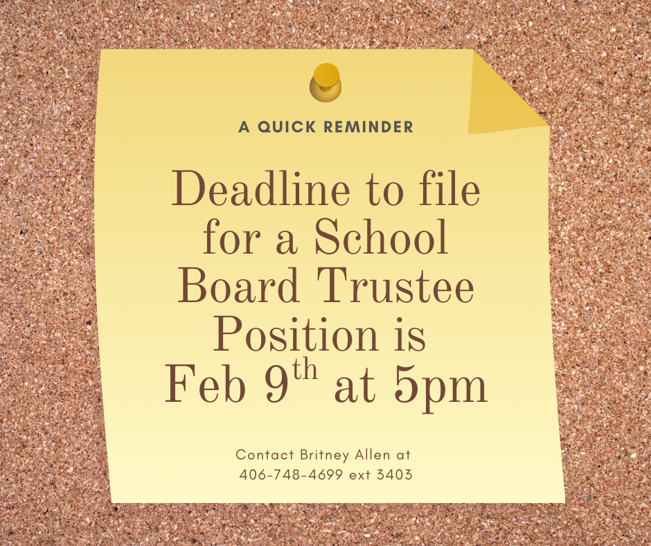Deadline to file for a school board trustee position is Feb 9th at 5pm