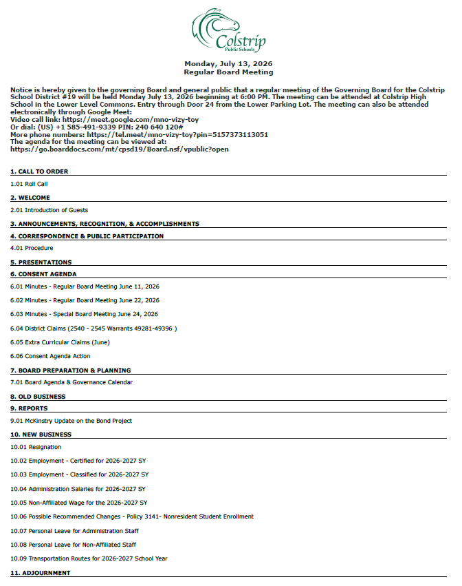 Board Agenda Posting for 7.13.26