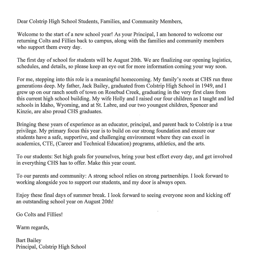 Welcome Letter from Mr. Bart Bailey