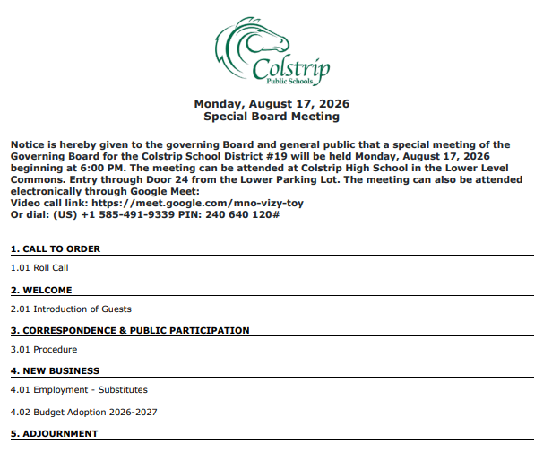 August 17, 2026 Special Board Meeting