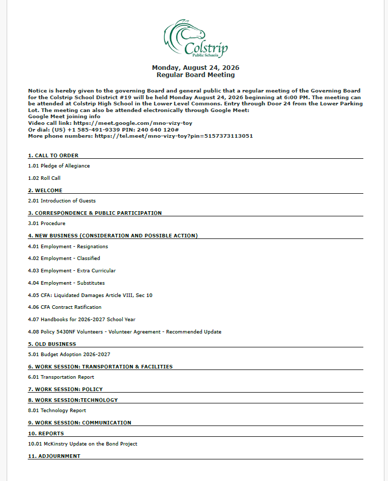 Board Agenda list