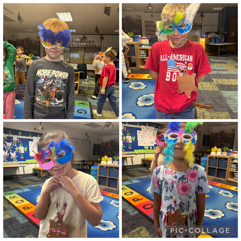 Kindergarteners showing off their creations inspired by Native American Stories