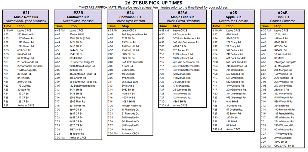 bus pick-up times
