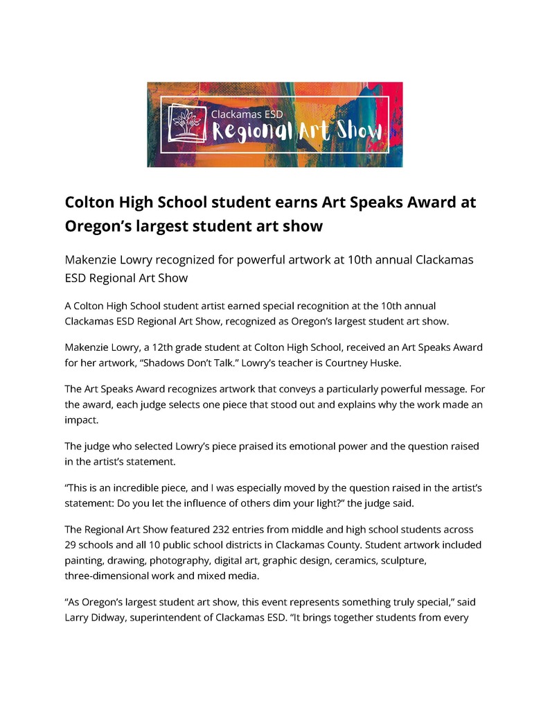 Colton High School student earns Art Speaks Award at Oregon’s largest student art show