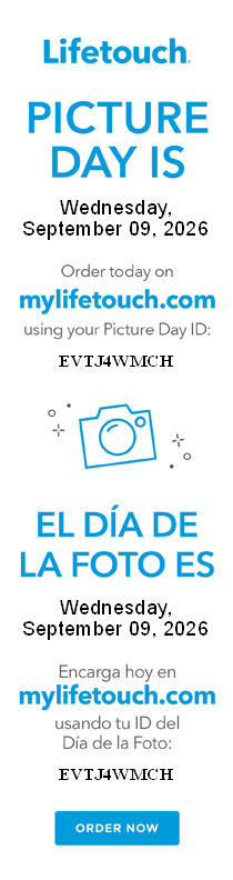 Poster displays Lifetouch Picture Day on Wednesday, September 09, 2026, with an order prompt on mylifetouch.com. Spanish text translates to "Picture Day is Wednesday, September 09, 2026, Charge today at mylifetouch.com." A camera icon is featured.