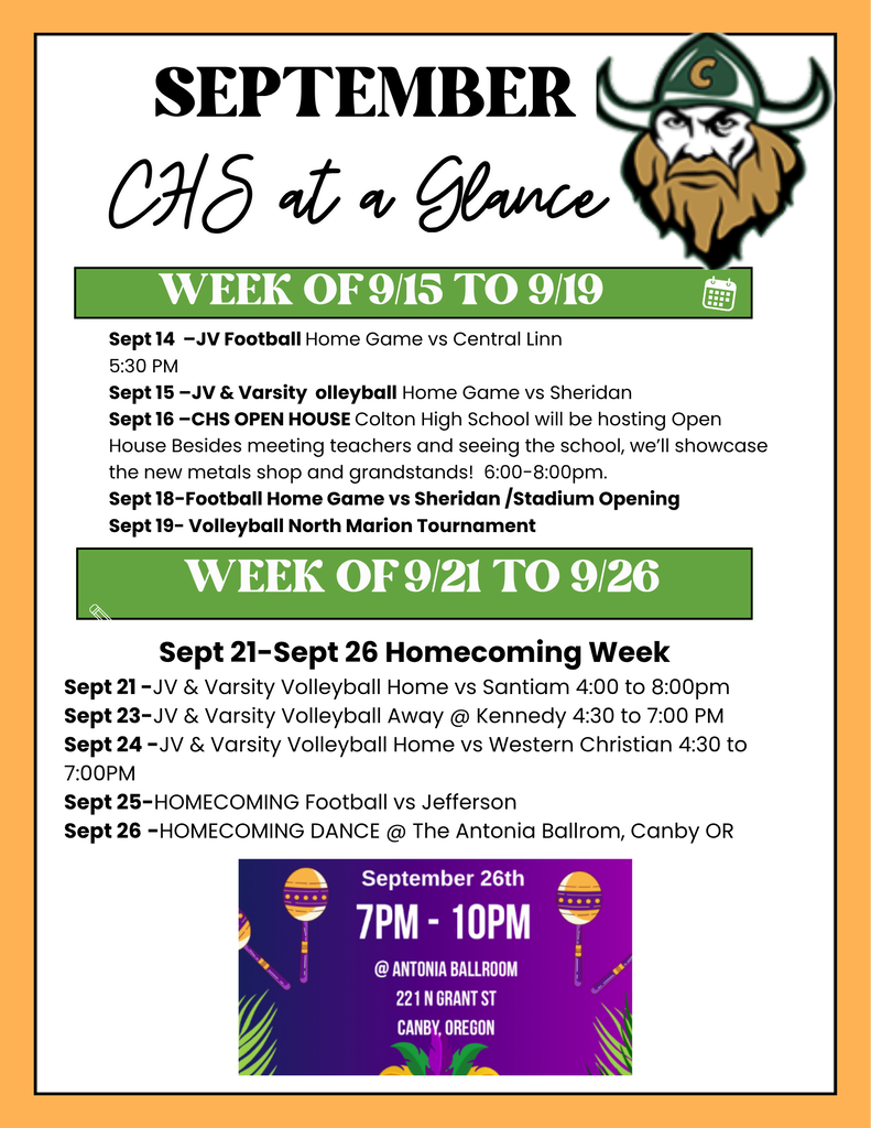 An informational poster lists events for two weeks in September. It includes football games, volleyball matches, and a homecoming dance.