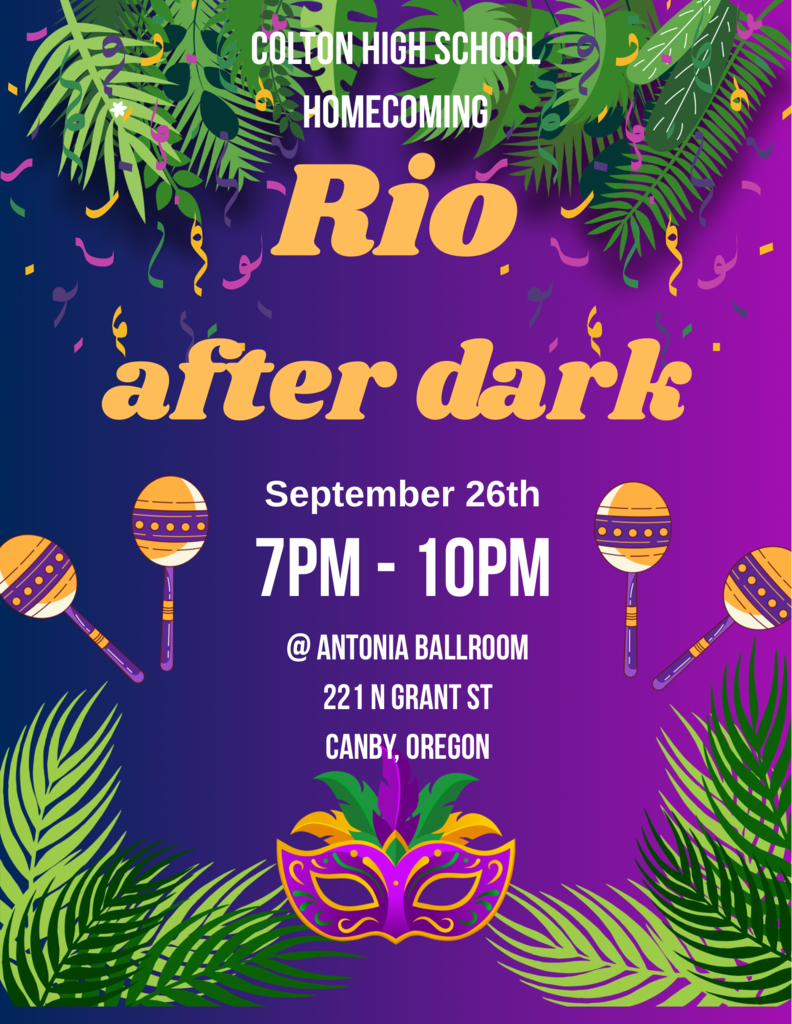 A purple and blue backdrop with green leaves features a "Rio after dark" banner. Event details include date, time, and location.