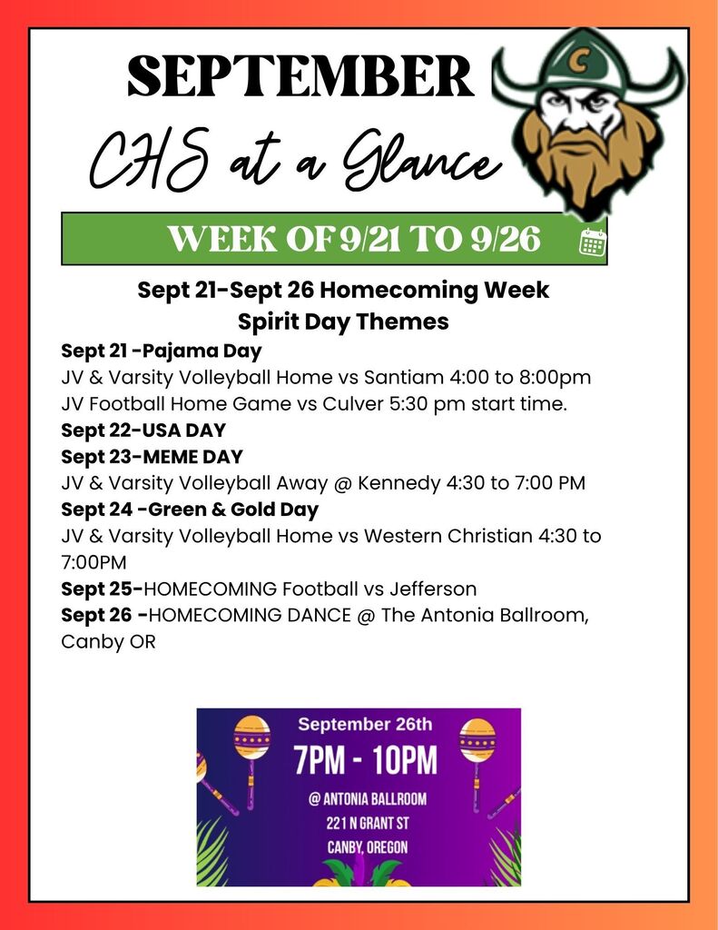 A poster shows a bearded mascot. The text reads "CHS at a glance" with details about events.