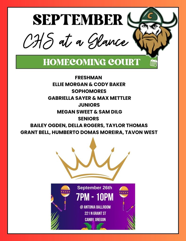 Event flyer for September Homecoming at CHS. It lists Homecoming court members by grade, a crown icon, and event date and location.