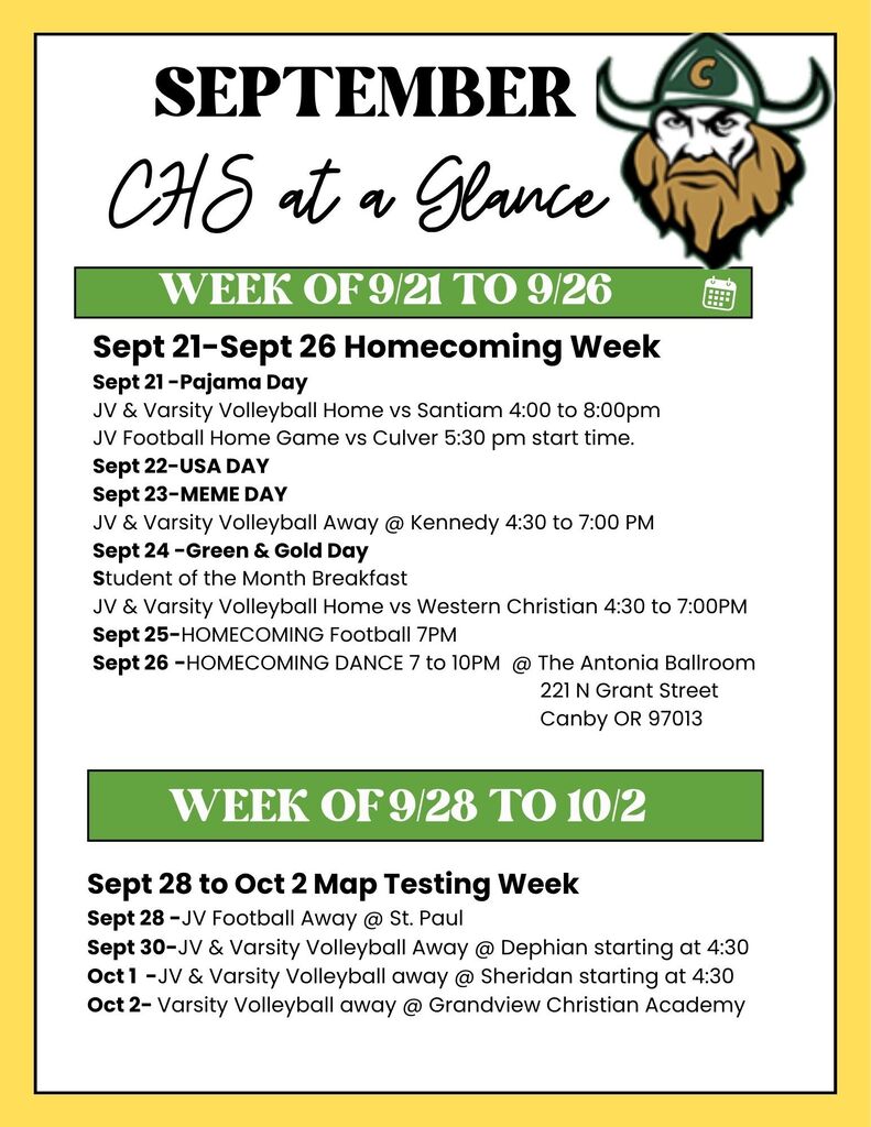 A schedule displays two weeks: first from September 21 to 26, including Homecoming Week, then from September 28 to October 2, focusing on Map Testing Week.
