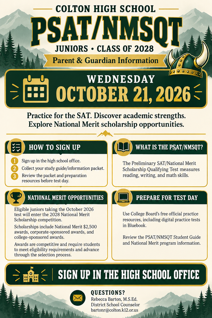 Poster for PSAT/NMSQT Juniors class of 2028, Oct 21, 2026. Details include signing up, test prep, and NMSQT info.
