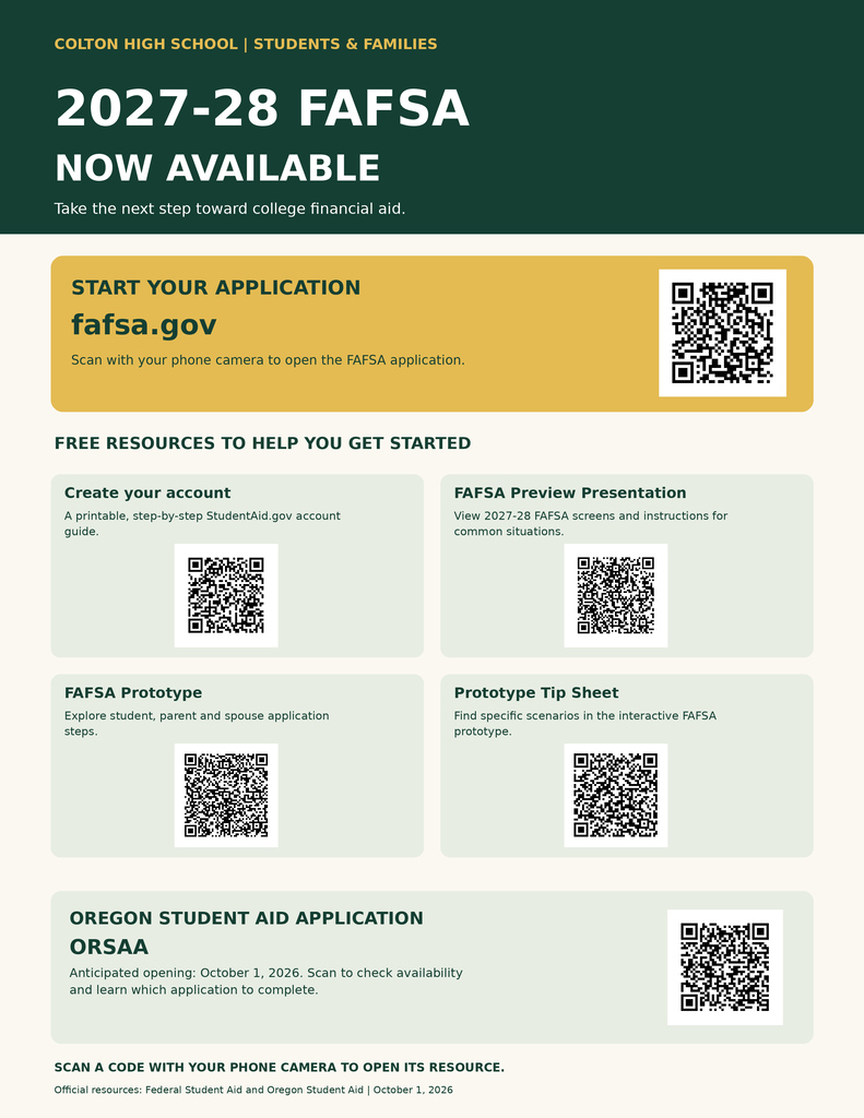 A green and yellow webpage for the 2027-28 FAFSA form. It includes a QR code to access the FAFSA application.