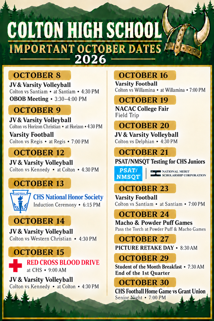 Colton High School schedule for October 2026. Events include JV & Varsity Volleyball, Varsity Football, NACAC College Fair, and PSAT/NMSQT testing.