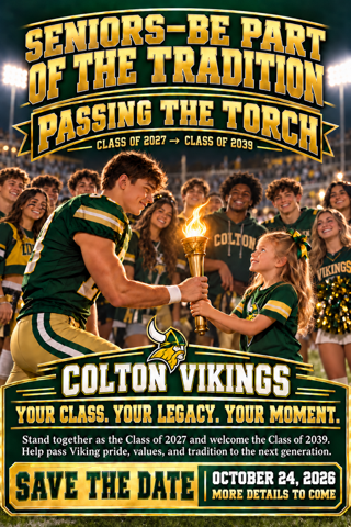 A poster features a torch being passed from a senior to a younger student with a crowd of students in the background.