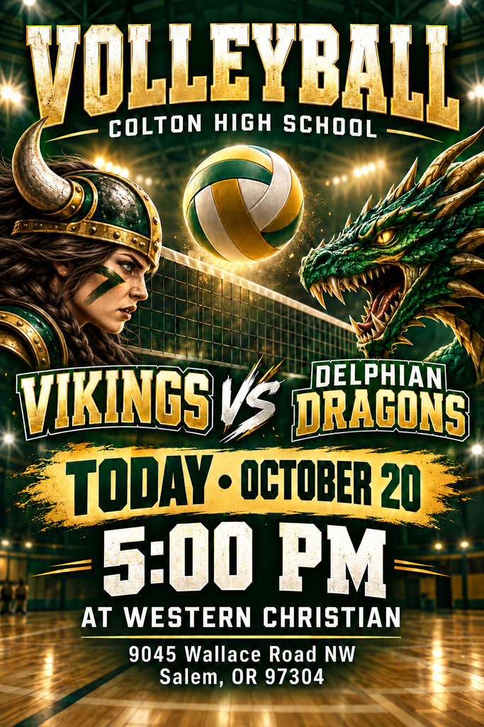 Poster with Viking and dragon characters, a volleyball, and text reading "Vikings vs. Delphian Dragons, Today October 20, 5:00 PM at Western Christian."