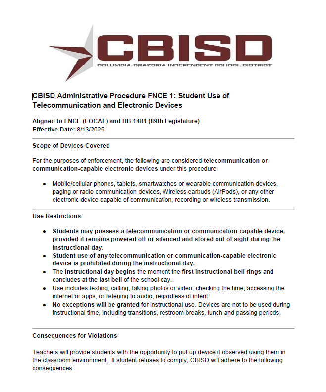 CBISD Cell Phone and Telecommunication Device Policy