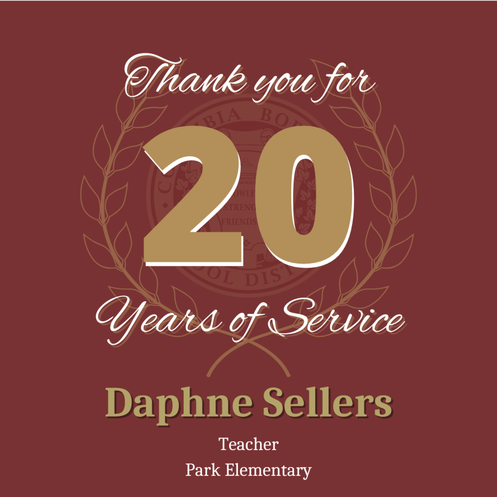 20 Years of Service Award – Maroon background with a laurel wreath design. Large gold number "20" in the center. Text above reads “Thank you for,” and below reads “Years of Service.” Name in gold: “Daphne Sellers,” with title “Teacher, Park Elementary.”