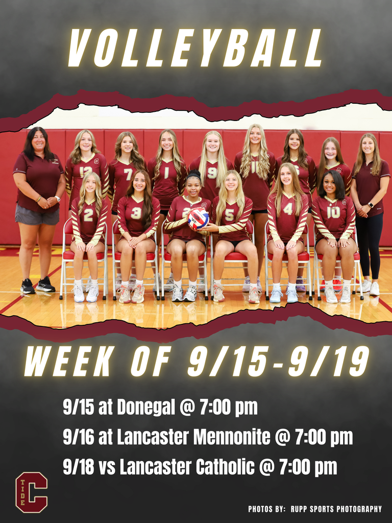 🏐 Volleyball  🗓️ Week of September 15 📍 9/15 at Donegal 📍 9/16 at Lancaster Mennonite 📍 9/18 vs Lancaster Catholic 🕖 JV Games at 6:00 pm | Varsity at 7:00 pm