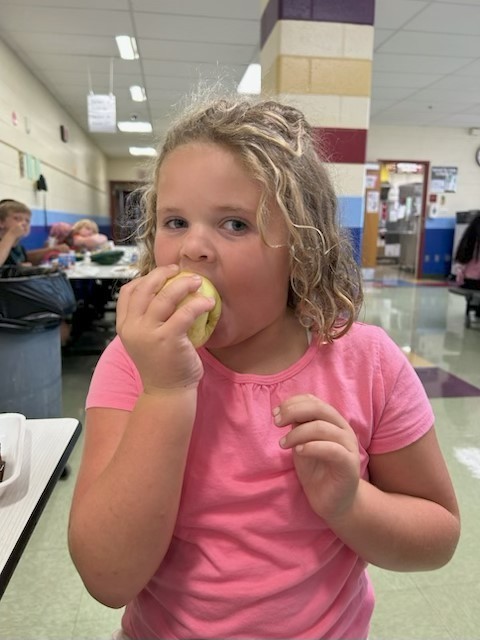 A young student in a pink shirt sits in a school cafeteria, taking a big bite of a fresh apple