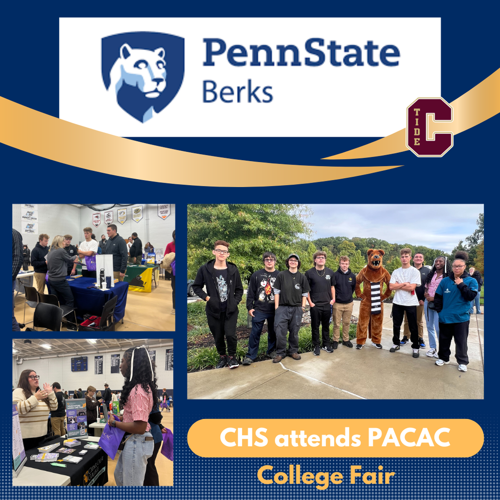 CHS students attend the PACAC College Fair at Penn State Berks, meeting college representatives and posing with the Nittany Lion mascot.