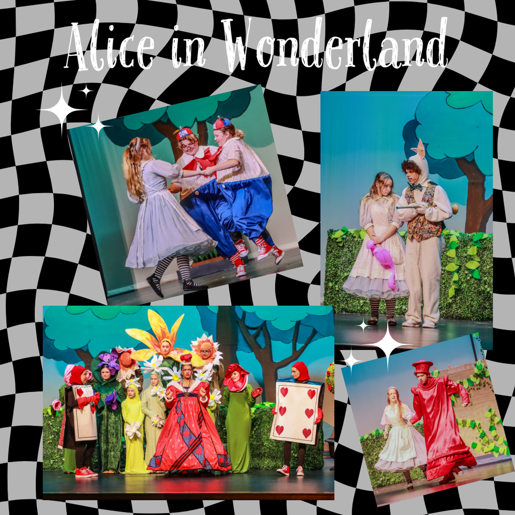 What a fun and colorful collage! It looks like a stage production of Alice in Wonderland, with different scenes featuring characters like Alice, Tweedledee & Tweedledum, the White Rabbit, the Queen of Hearts, and the card guards. The whimsical checkered background and sparkles give it a very Wonderland feel.
