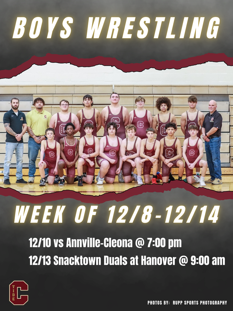 A promotional poster for a boys’ wrestling team. At the top, large yellow text reads “Boys Wrestling.” Below it is a team photo of two adult coaches standing with a group of high-school wrestlers wearing maroon singlets with a “C” logo, posed in two rows inside a gym. The bottom section displays the header “Week of 12/8–12/14” in bold yellow text. Underneath, white text lists upcoming events: “12/10 vs Annville-Cleona @ 7:00 pm” and “12/13 Snacktown Duals at Hanover @ 9:00 am.” A maroon “C” logo appears in the bottom-left corner, and the bottom-right corner reads “Photos by: Rupp Sports Photography.”