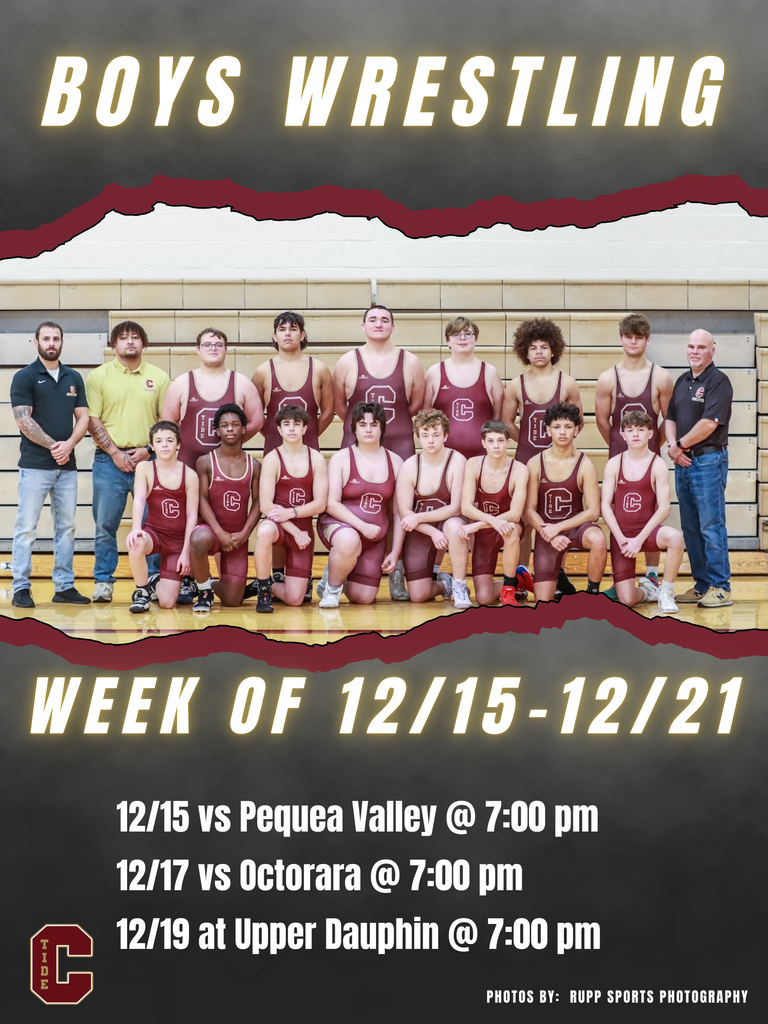 🤼 Boys Wrestling 🗓️ Week of December 15 📍 12/15 vs Pequea Valley 📍 12/17 vs Octorara 📍 12/19 at Upper Dauphin 🕖 Matches start at 7:00 pm