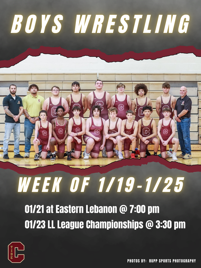 🤼 Boys Wrestling 🗓️ Week of January 1/19 📍 1/21 at Eastern Lebanon 📍 1/23 LL League Championships @ 3:30 pm 🕖 Matches start at 7:00 pm