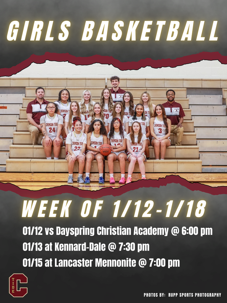 🏀Girls Basketball 🗓️ Week of January 12 📍 1/12 vs Dayspring Christian Academy 📍 1/13 at Kennard-Dale 📍 1/15 at Lancaster Mennonite @ 7:00 pm 🕖 JV Games at 6:00 pm | Varsity at 7:30 pm