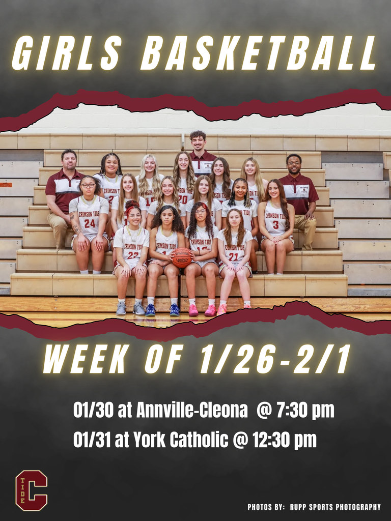 🏀Girls Basketball 🗓️ Week of January 26 📍 1/30 at Annville-Cleona 📍 1/31 at York Catholic 🕖 JV Games at 6:00 pm | Varsity at 7:30 pm