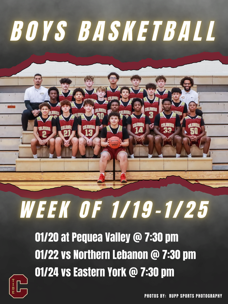 🏀Boys Basketball 🗓️ Week of January 19 📍 1/20 at Pequea Valley 📍 1/22 vs Northern Lebanon 📍 1/24 vs Eastern York 🕖 JV Games at 6:00 pm | Varsity at 7:30 pm