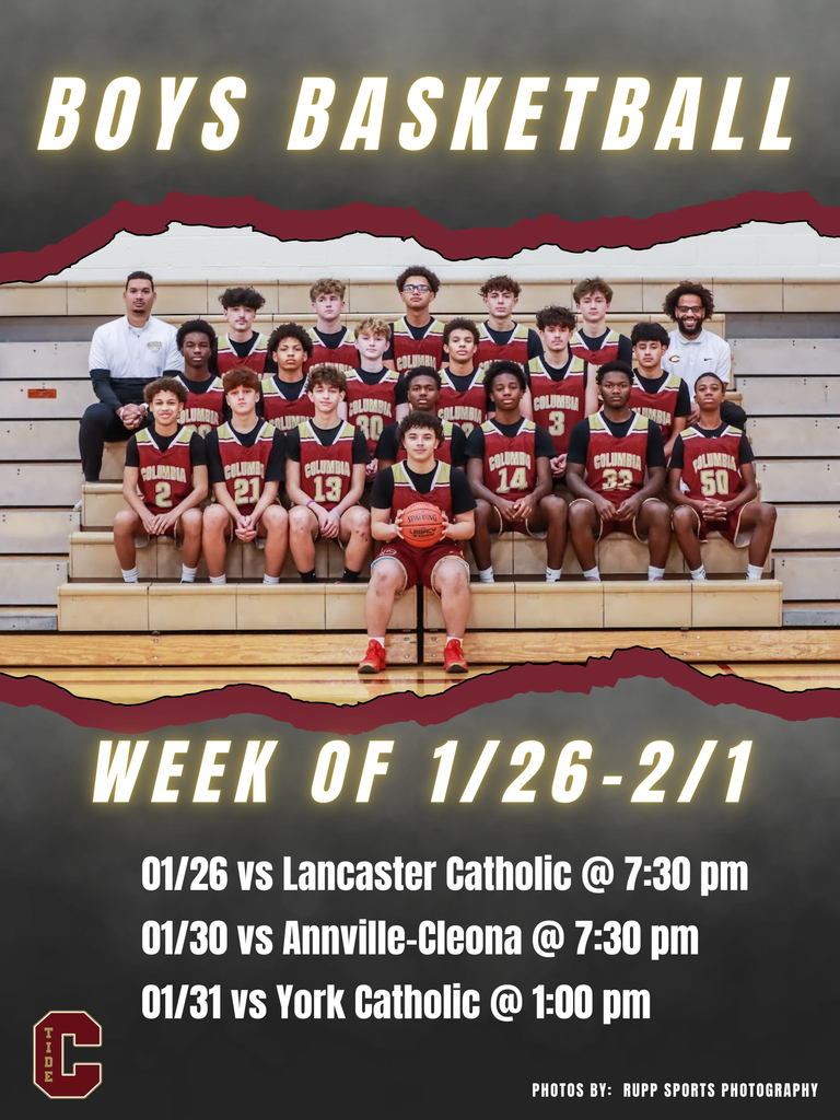 🏀Boys Basketball 🗓️ Week of January 26 📍 1/26 vs Lancaster Catholic 📍 1/30 vs Annville-Cleona 📍 1/31 vs York Catholic @ 1:00 pm 🕖 JV Games at 6:00 pm | Varsity at 7:30 pm