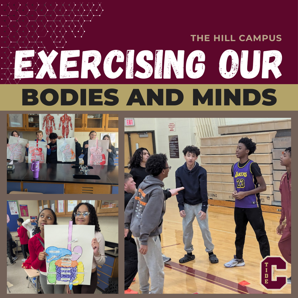 Graphic titled “Exercising Our Bodies and Minds” from The Hill Campus, featuring photos of middle school students. On the left, students in a classroom hold colorful anatomy posters showing internal organs. On the right, students stand and talk together on a school gym floor, appearing engaged in a physical activity or team exercise. The overall theme highlights learning through both academic and physical activities.