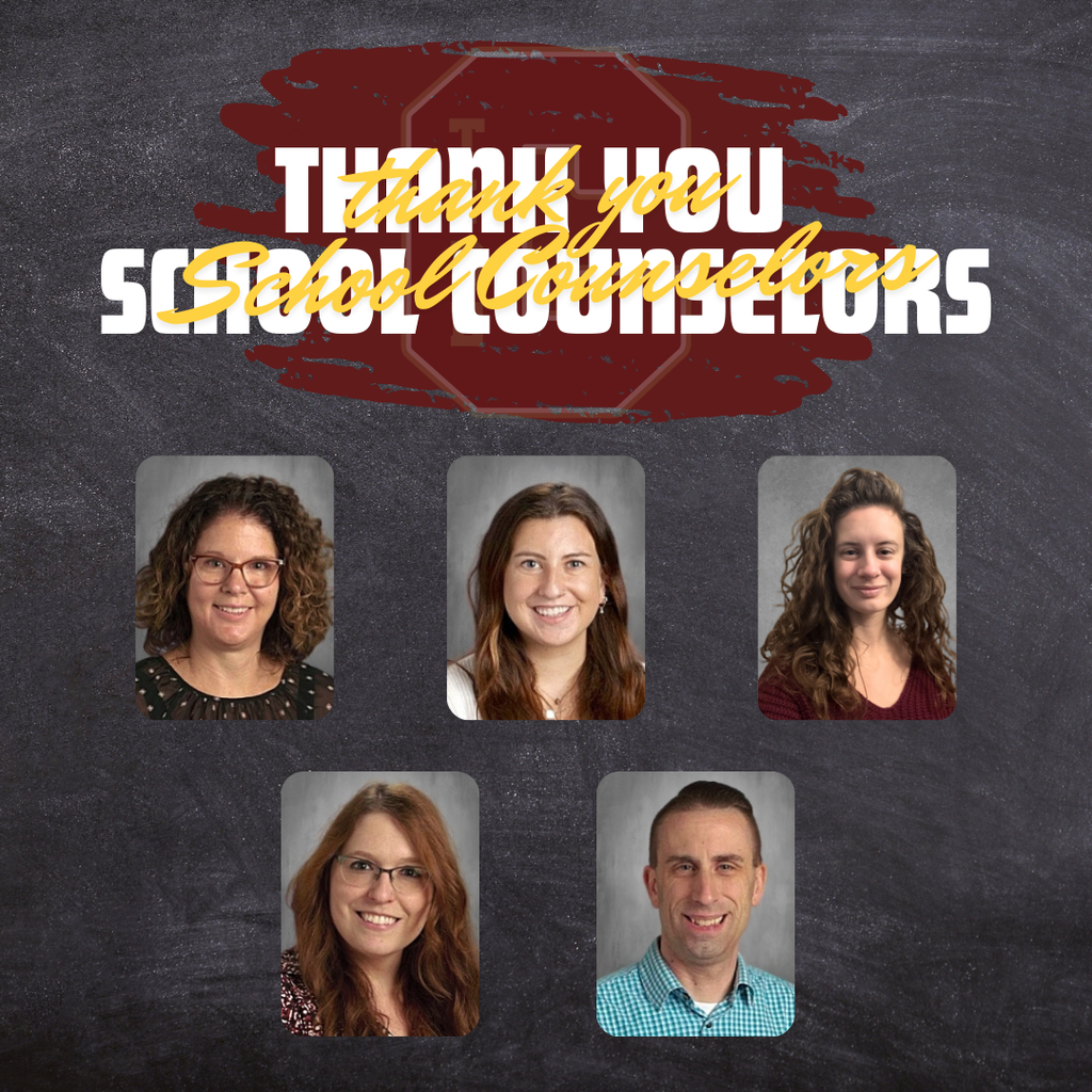 Graphic with the text “Thank You School Counselors” centered on a chalkboard-style background. Below the text are five staff headshots arranged in two rows, showing smiling school counselors. The image expresses appreciation during National School Counseling Week.