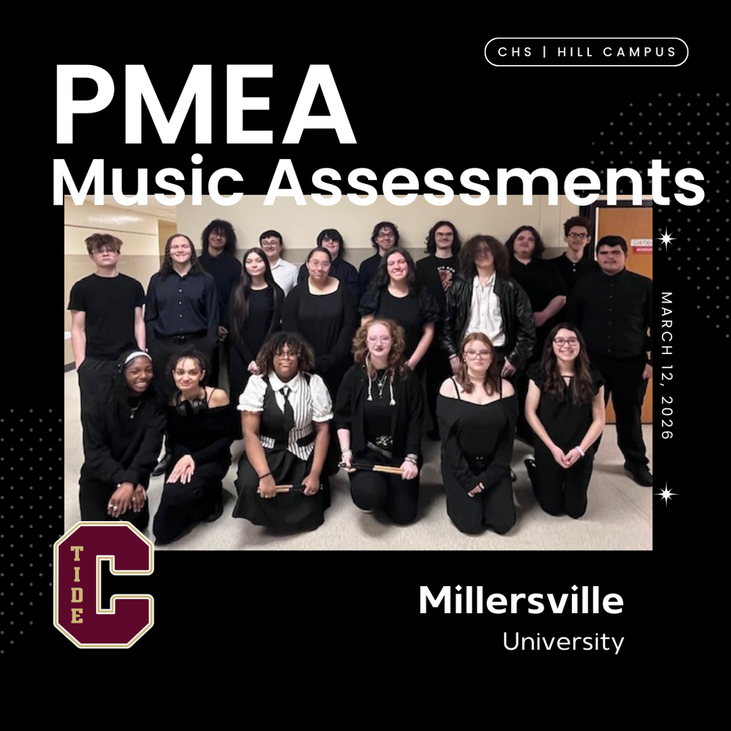 Group photo of the Columbia High School Symphonic Band students dressed in black concert attire, posing together in a hallway at Millersville University during the PMEA Music Performance Assessment on March 12, 2026. The graphic includes the text “PMEA Music Assessments,” “CHS | Hill Campus,” and “Millersville University,” along with the Columbia Tide “C” logo.