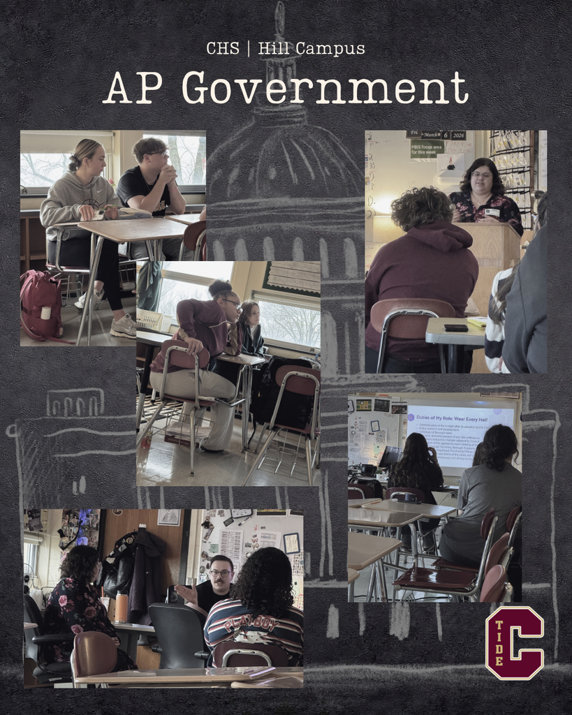 Collage-style graphic titled “AP Government – CHS Hill Campus” featuring photos from a classroom visit by the Millersville Borough Manager. Images show the Borough Manager speaking at the front of a classroom, presenting slides, and meeting with students and a teacher while students sit at desks listening and participating in discussion. The background includes a chalk-style illustration of the U.S. Capitol dome and a school “C” logo in the corner.