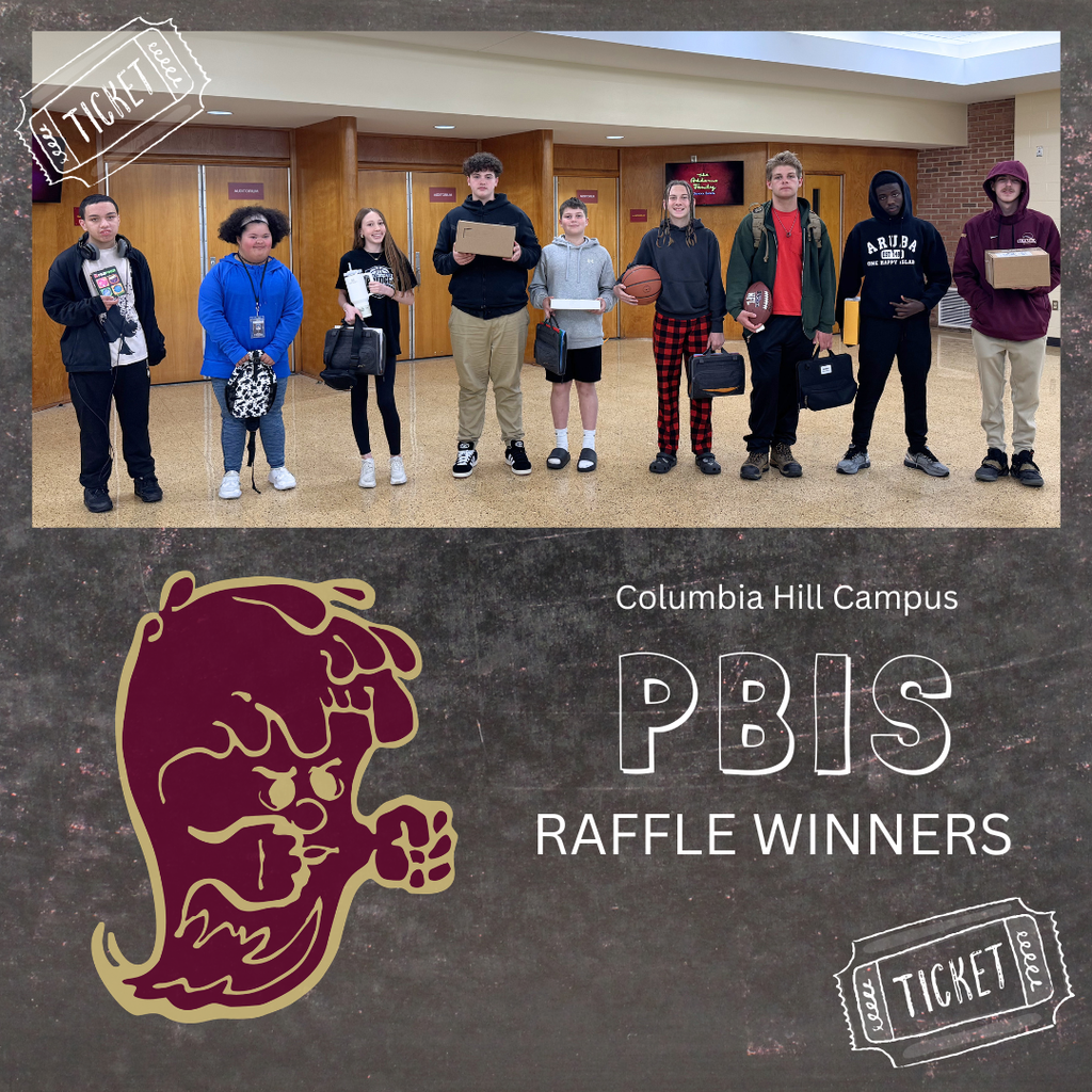 A graphic labeled “Columbia Hill Campus PBIS Raffle Winners” shows a group of middle school students standing in a school hallway in front of wooden doors. The students are lined up side by side, holding various prizes such as lunchboxes, boxes, and sports equipment. A stylized school mascot graphic appears on the left, and ticket illustrations decorate the corners of the image.