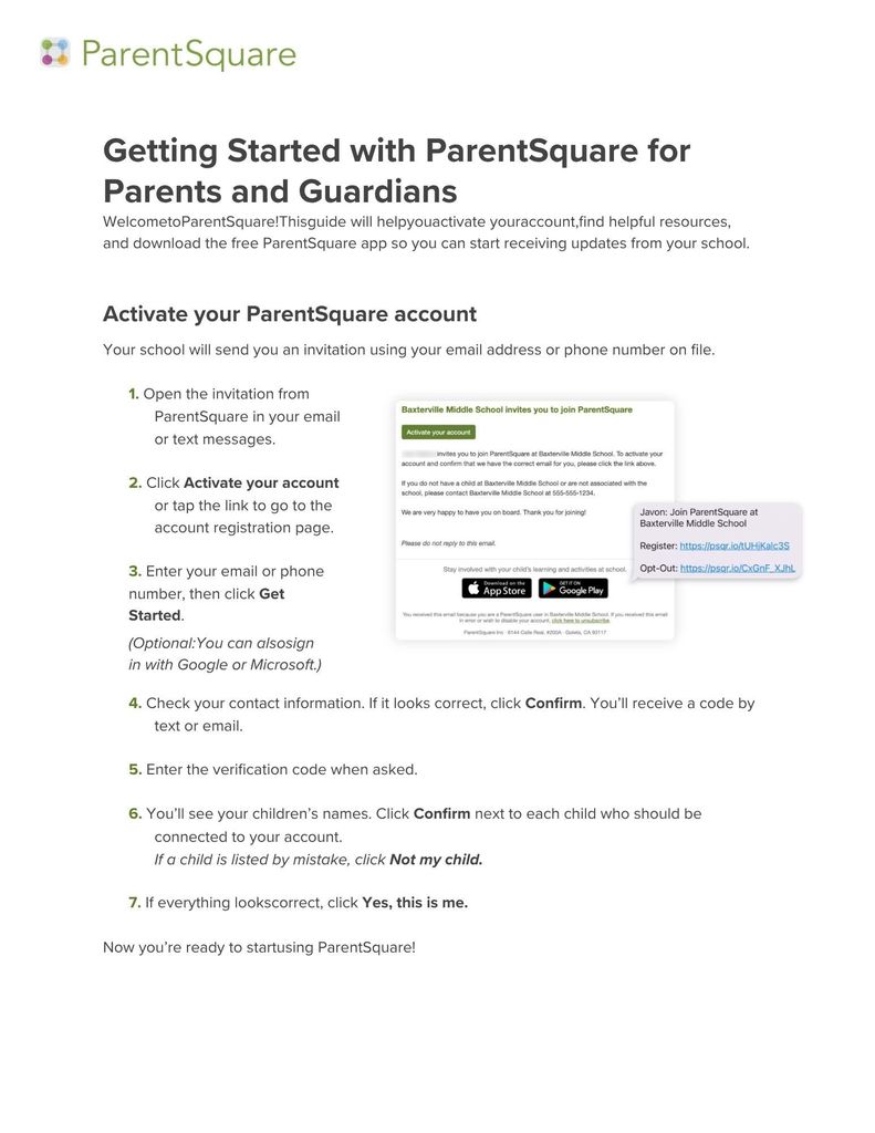 A ParentSquare guide titled “Getting Started with ParentSquare for Parents and Guardians.” It includes step-by-step instructions for activating an account: opening an invitation from email or text, clicking “Activate your account,” entering contact information, confirming details, entering a verification code, and confirming children linked to the account. A sample invitation message and app download icons are shown on the right.