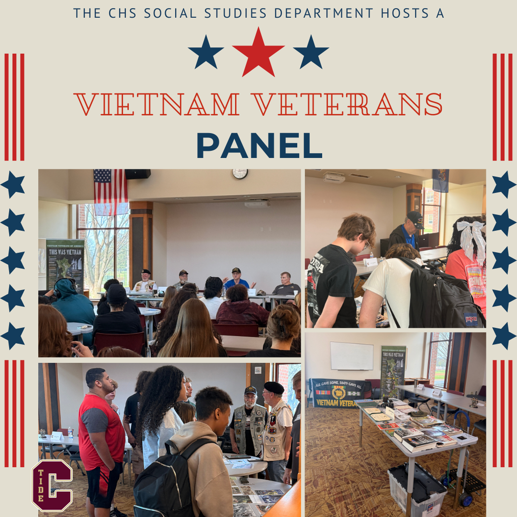 Flyer titled “The CHS Social Studies Department Hosts a Vietnam Veterans Panel” featuring patriotic red, white, and blue graphics. The flyer includes several photos of Vietnam veterans speaking to students in a classroom setting, students listening to a panel discussion, and students interacting with veterans and viewing displayed artifacts and materials related to the Vietnam War.