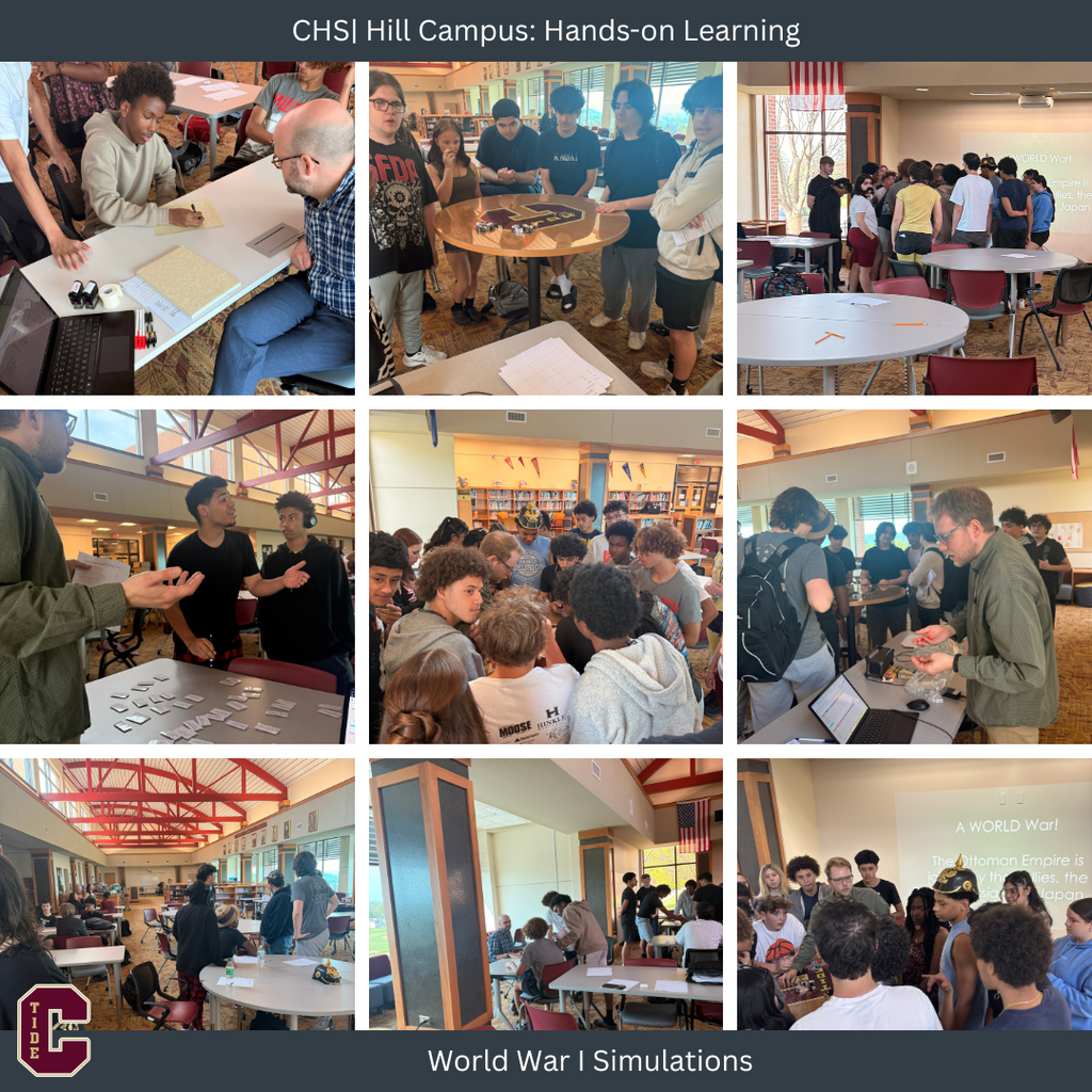 Collage of nine photos showing high school students participating in hands-on World War I simulation activities in a library setting at CHSI Hill Campus. Students work in small groups around tables, writing, discussing, and interacting with materials such as cards and small devices. A teacher guides and observes as students collaborate, debate, and present ideas. The space is bright with large windows, bookshelves, and round tables. In one image, a projected slide about World War I is visible. The overall scene emphasizes active, collaborative learning and student engagement.
