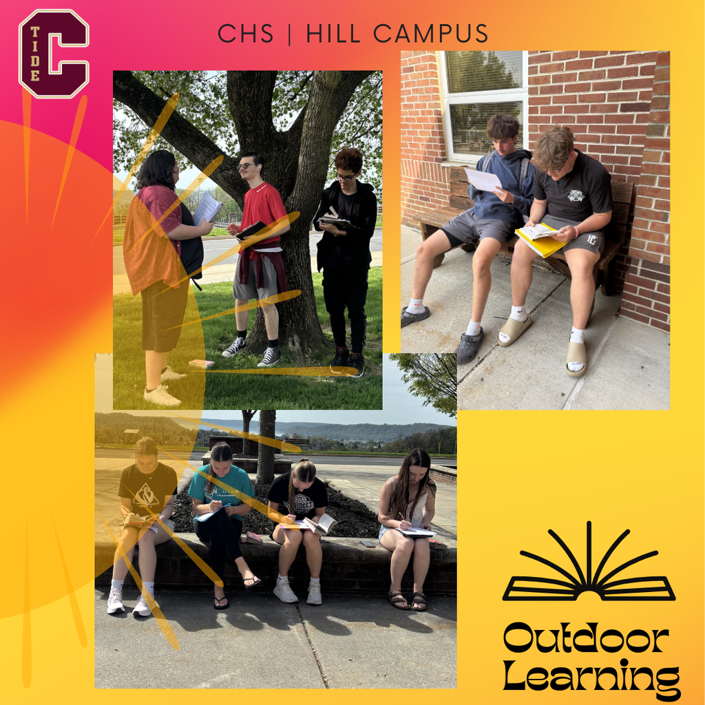 Poster titled “CHS | Hill Campus” promoting outdoor learning. The design features a warm gradient background (pink, orange, yellow) with a “Tide C” logo in the top left and a stylized open book icon with the words “Outdoor Learning” in the bottom right. Three photos show high school students studying outside: in the left image, a teacher stands with two students under a tree, all holding papers or notebooks; in the top-right image, two students sit on a bench against a brick wall reading and writing; in the bottom image, four students sit along a low wall outdoors, focused on writing in notebooks. The overall theme highlights students engaged in reading and coursework in outdoor settings.