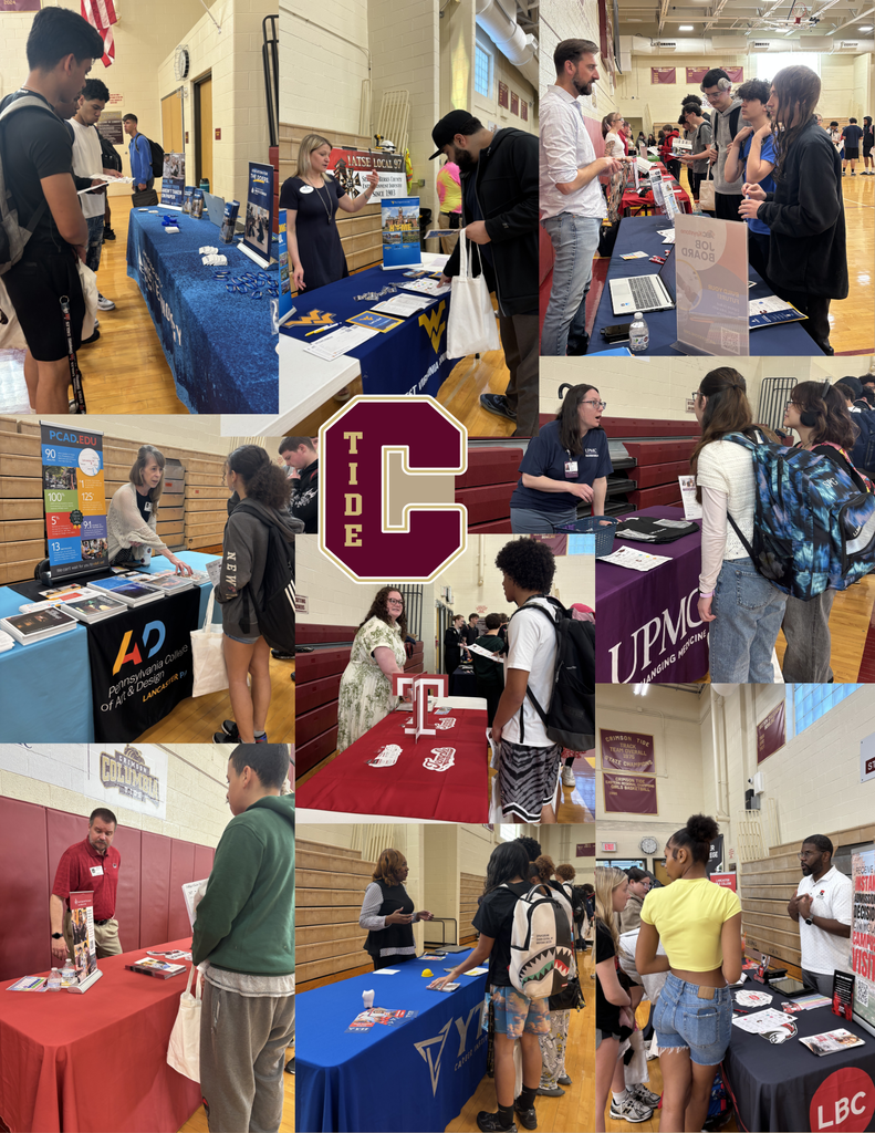 Collage of photos from a college fair held in a high school gymnasium. Students with backpacks stand at tables speaking with representatives from various colleges and organizations. Each table is covered with branded tablecloths, brochures, flyers, and small promotional items. Visible schools include West Virginia University, Temple University, Pennsylvania College of Art & Design, UPMC, and others. Representatives—adults of varied genders and ethnicities—gesture, explain materials, and answer questions while students listen or review handouts. The gym has wooden floors, bleachers, banners, and bright overhead lighting. A large central graphic features a maroon “C” with the word “TIDE,” likely representing the host school. The overall scene shows active one-on-one conversations and information sharing in a busy, organized event.
