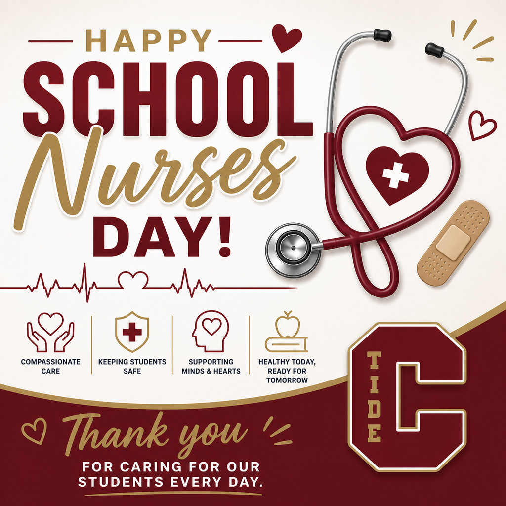 A Columbia Borough School District graphic celebrating School Nurses Day with a red, gold, and white design. Large text reads “Happy School Nurses Day!” with decorative hearts and a heartbeat line graphic underneath.  On the right side is a stethoscope shaped into a heart with a medical cross symbol inside, along with a bandage illustration.  Below the main heading are icons with text: “Compassionate care,” “Keeping students safe,” “Supporting minds & hearts,” and “Healthy today, ready for tomorrow.”  At the bottom, a message reads: “Thank you for caring for our students every day.” A maroon “C” Tide logo appears in the lower right corner.