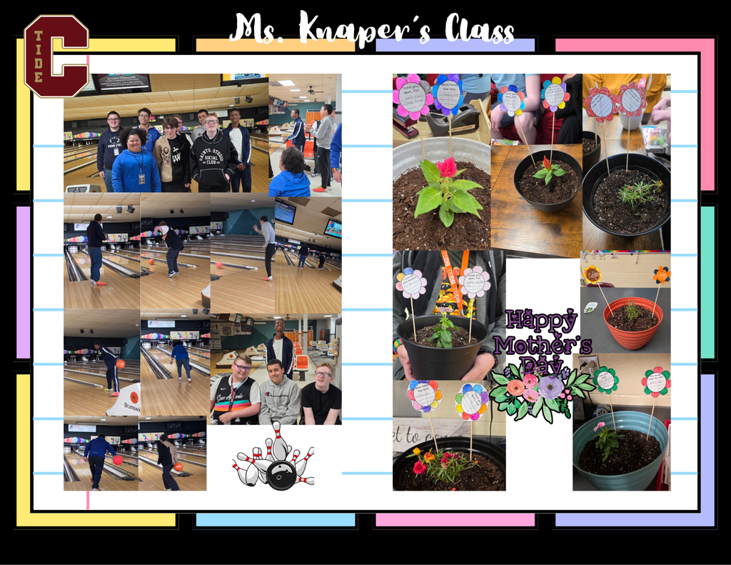 Students in Ms. Knaper’s class are pictured participating in community-based learning activities. The collage includes students bowling together at a bowling alley, practicing teamwork, taking turns, and social skills. Other photos show students creating Mother’s Day flower pots by planting flowers in decorated pots and adding handmade paper flower notes with messages about their mothers. The display also includes a “Happy Mother’s Day” graphic and classroom-themed decorations.