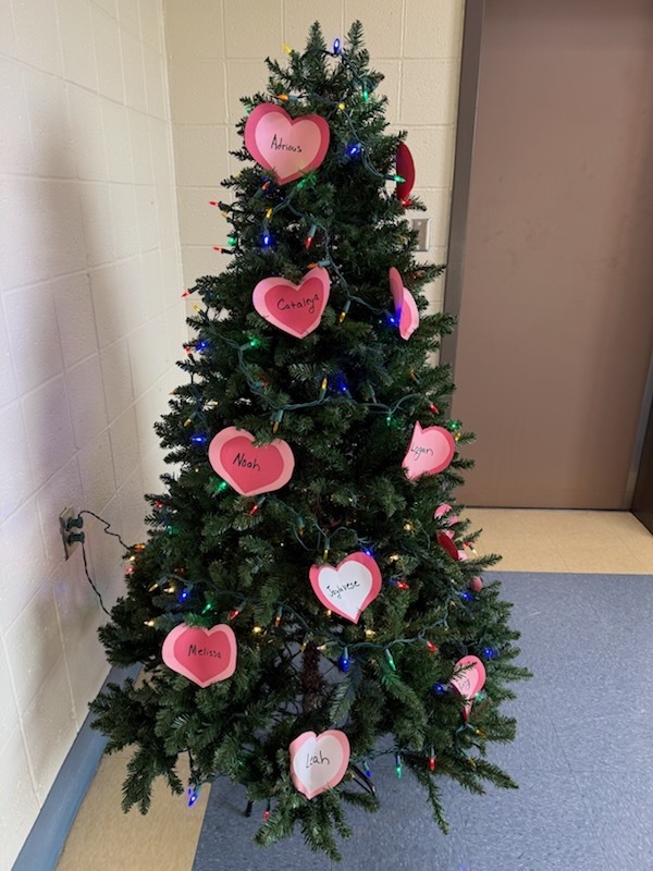 A Christmas tree decorated with pink heart-shaped cutouts, each bearing a name. The tree is located in an indoor space with walls and flooring visible.