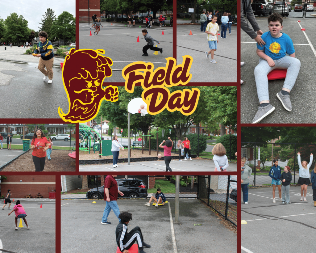 A colorful “Field Day” collage featuring students participating in outdoor games and activities on a school playground and blacktop. The collage includes students running relay races, playing basketball, balancing on scooters, and cheering each other on. In the center is a maroon and gold “Field Day” graphic with the school mascot. Trees, playground equipment, and school buildings can be seen in the background, creating a fun and energetic school event atmosphere.