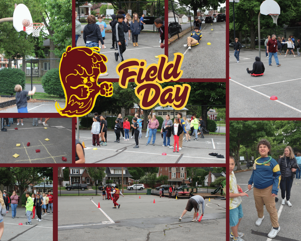 A maroon-and-gold themed “Field Day” photo collage showing students enjoying outdoor activities during a school field day event. The collage features students running relay races, balancing on scooters, tossing basketballs, and participating in group games on a playground and blacktop court. Some students are smiling and cheering while others compete in obstacle-style activities using cones and scooters. A large “Field Day” title and school mascot graphic are displayed prominently in the center, with trees, playground equipment, and neighborhood homes in the background.