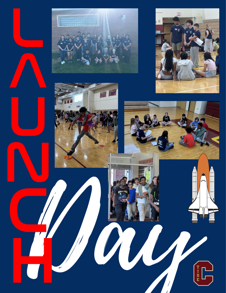 Launch Day graphic featuring multiple photos of middle school transition activities. The design has a dark blue background with large red vertical text reading “LAUNCH” along the left side and large white script text reading “Day” across the bottom. Photos show groups of students participating in team-building games, small group discussions, tours through the school, and student leadership activities in the gym and hallways. A space shuttle graphic appears on the right side, reinforcing the “Launch Day” theme, along with a school logo in the bottom corner. The images highlight 6th grade students visiting the high school and interacting with 7th and 8th grade student leaders in a welcoming and engaging environment.